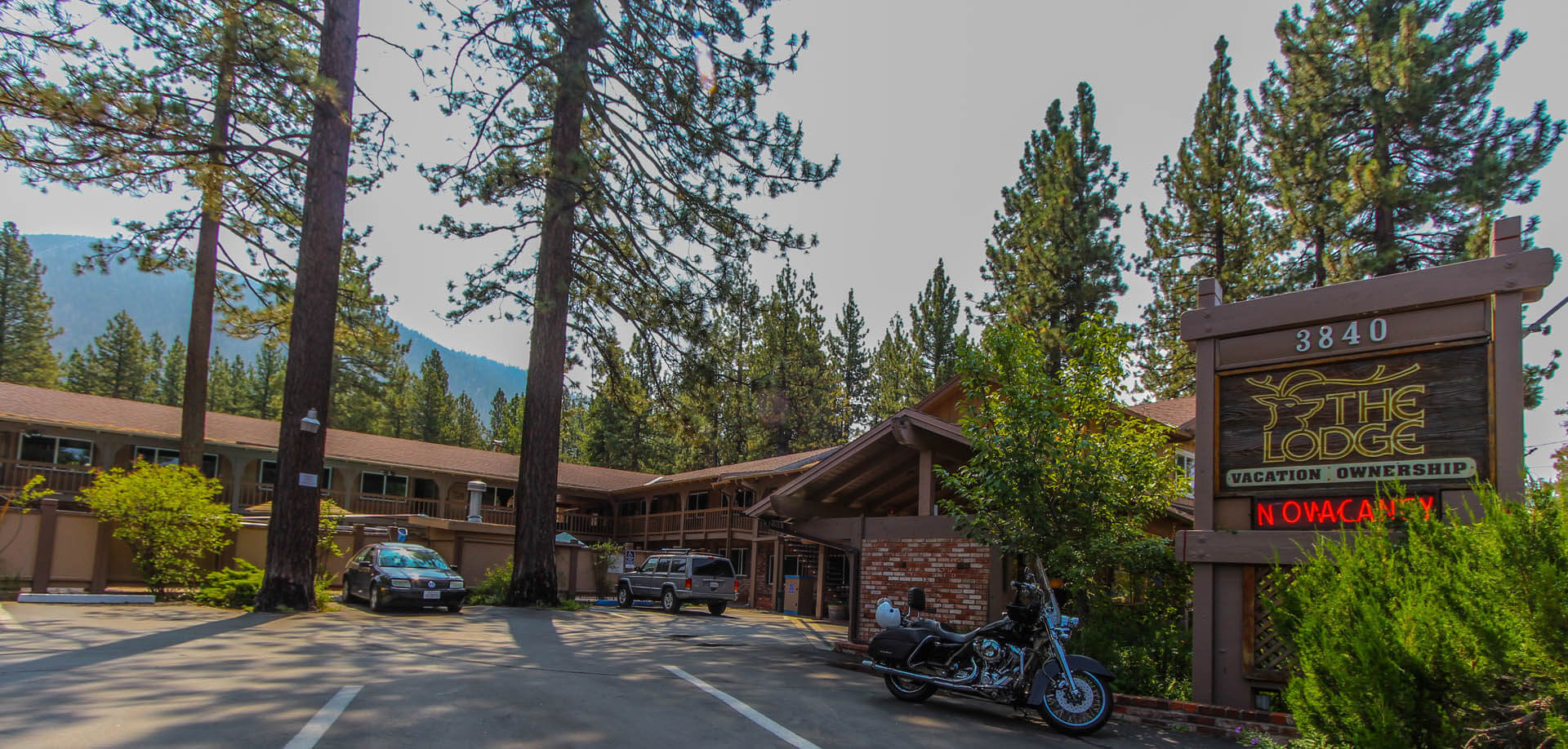 The resort signage at VRI's The Lodge at Lake Tahoe in California.